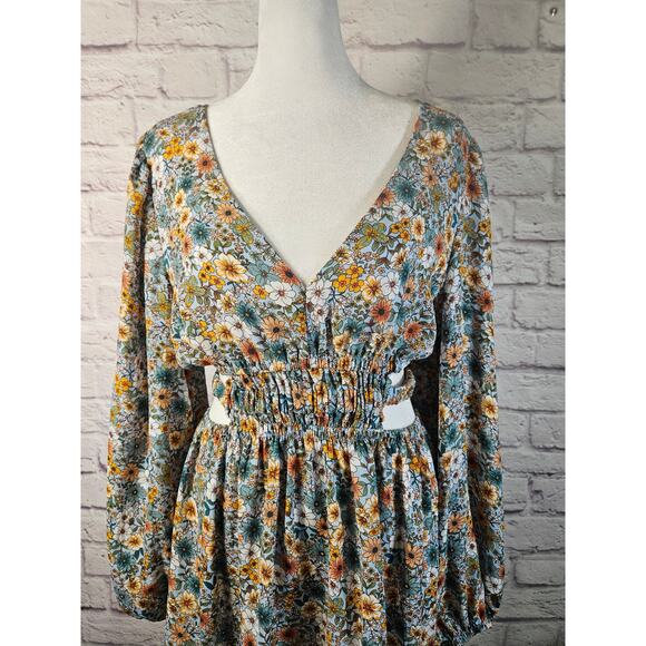 No Comment Womens L Floral‎ Dress & Side Waist Slits Puffy Sleeves Boho - Picture 3 of 16